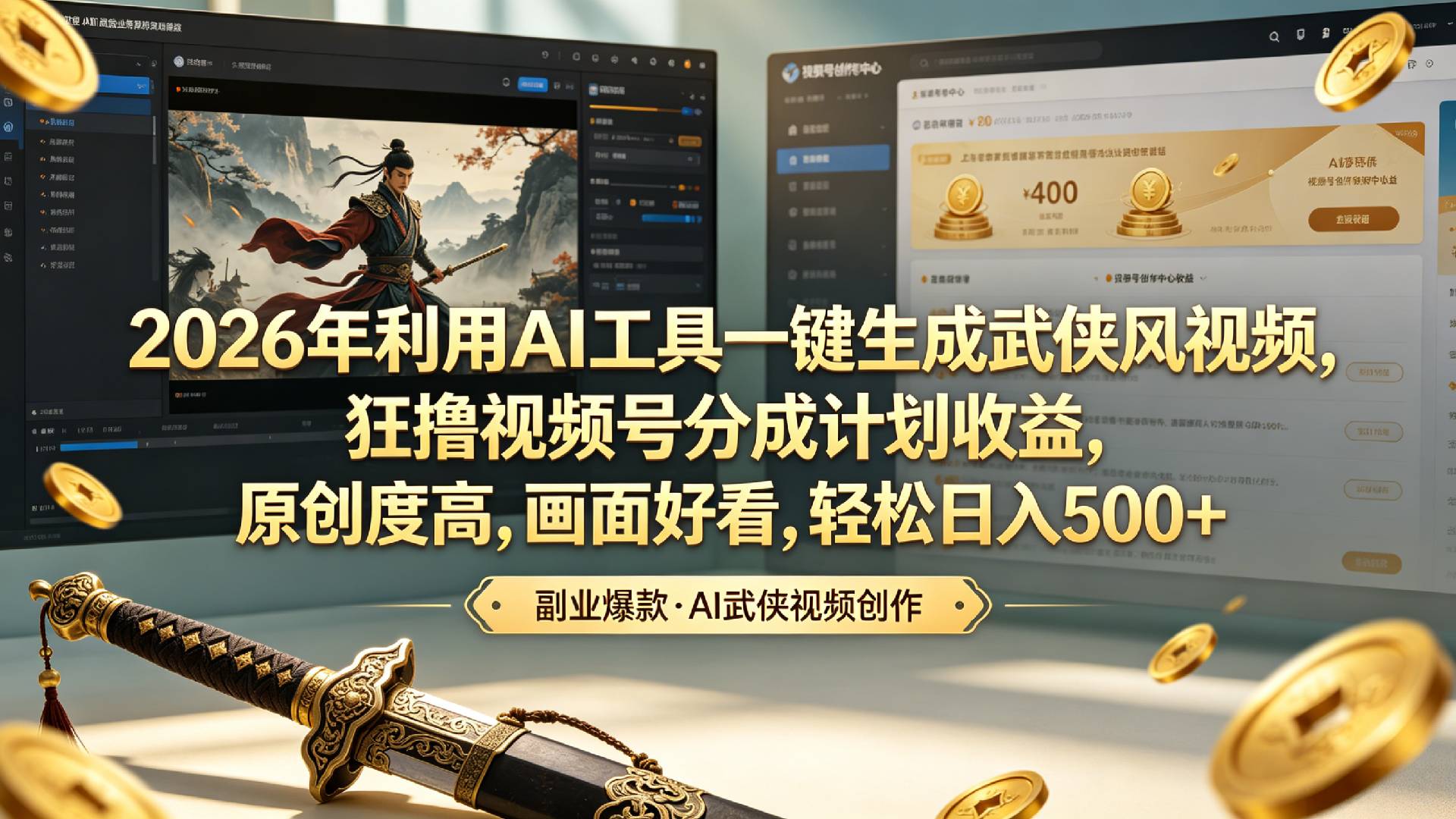 2026年利用AI工具一键生成武侠风视频，狂撸视频号分成计划收益，原创度高，画面好看，轻松日入500+-副业之家