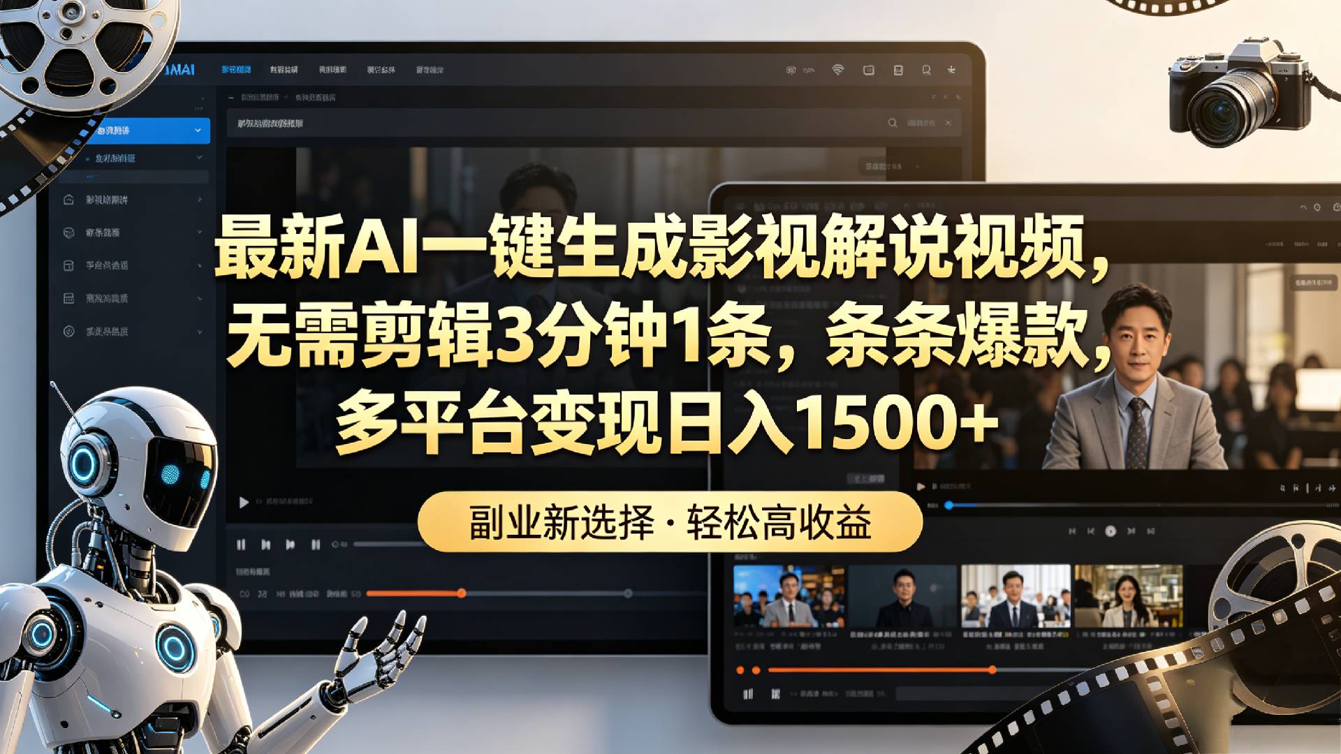 最新AI一键生成影视解说视频,无需剪辑3分钟1条,条条爆款,多平台变现日入1500+-副业之家