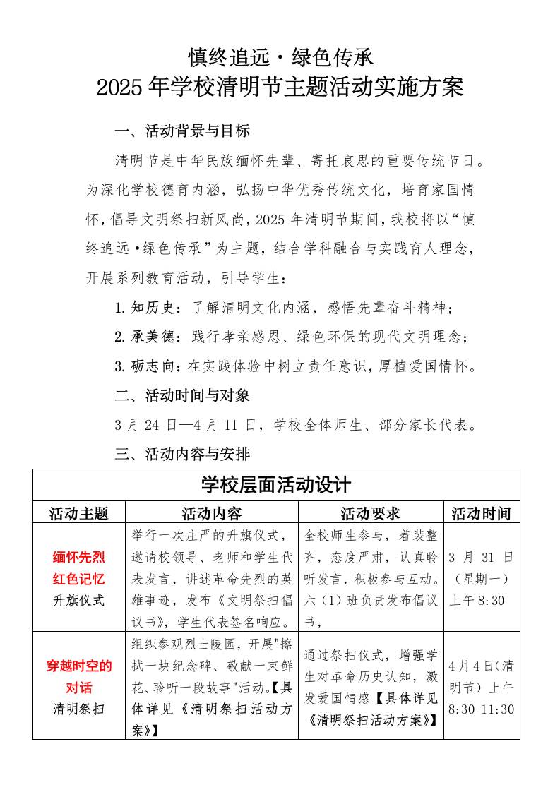 2025年学校清明节主题活动实施方案