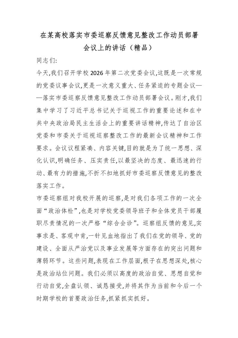 在某高校落实市委巡察反馈意见整改工作动员部署会议上的讲话（精品）