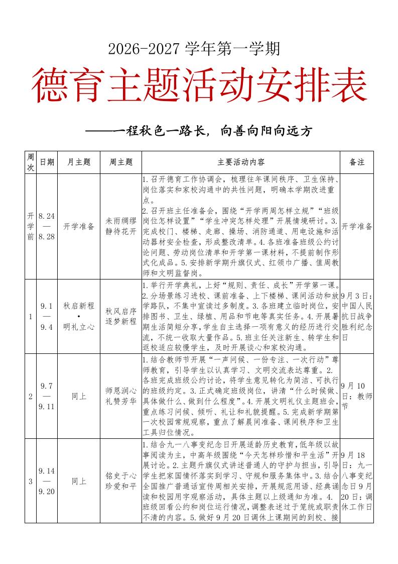 2026-2027学年第一学期德育主题活动安排表——一程秋色一路长,向善向阳向远方