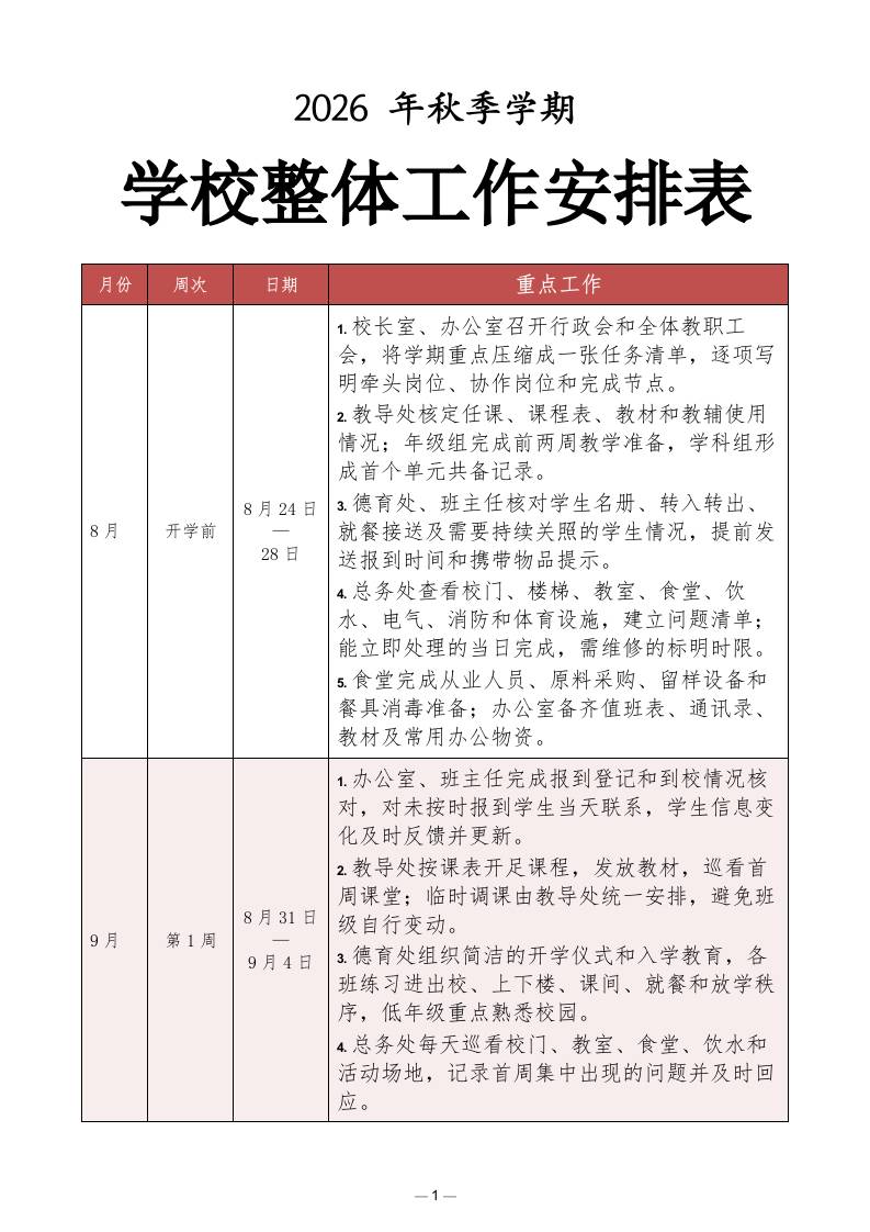 2026年秋季学期学校整体工作安排表