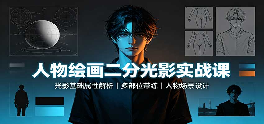 人物绘画二分光影实战课:光影基础属性解析,多部位带练,人物场景设计