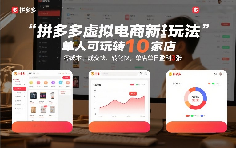 拼多多虚拟电商新玩法，单人可玩转10家店，零成本、成交快、转化快，单店单日盈利3张【揭秘】