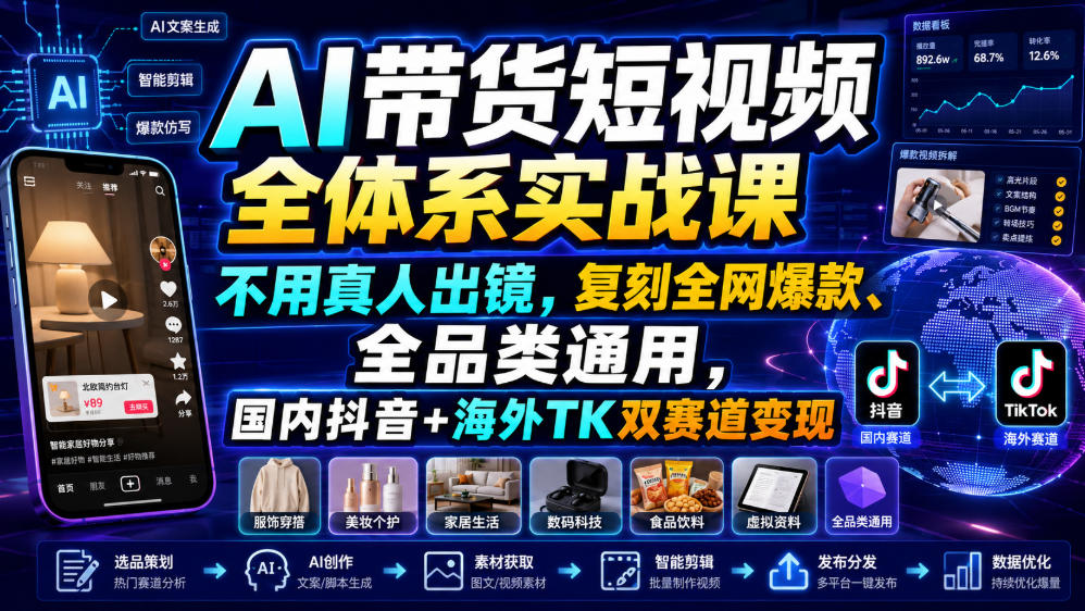 AI带货短视频全体系实战课，不用真人出镜，复刻全网爆款、全品类通用，国内抖音+海外TK双赛道变现