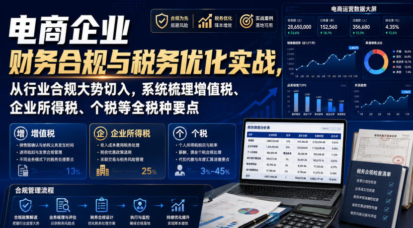 电商企业财务合规与税务优化实战，从行业合规大势切入，系统梳理增值税、企业所得税、个税等全税种要点