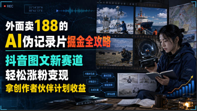外面卖188的AI伪记录片掘金全攻略，抖音图文新赛道，轻松涨粉变现，拿创作者伙伴计划收益【文档】