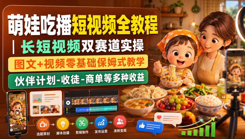 萌娃吃播短视频全教程｜长短视频双赛道实操，图文+视频零基础保姆式教学，伙伴计划-收徒-商单等多种变现方式