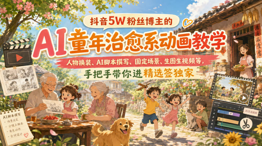 抖音5W粉丝博主的AI童年治愈系动画教学，人物换装、AI脚本撰写、固定场景、生图生视频等，手把手带你进精选签独家
