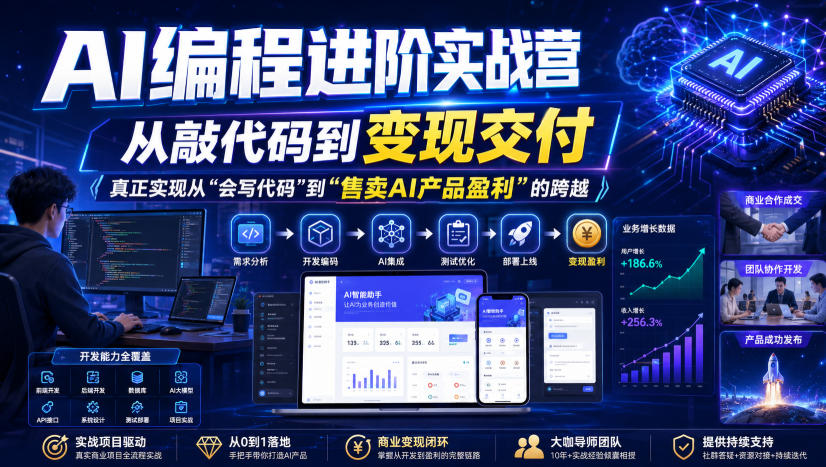 AI编程进阶实战营，从敲代码到变现交付，，真正实现从“会写代码”到“售卖AI产品盈利”的跨越