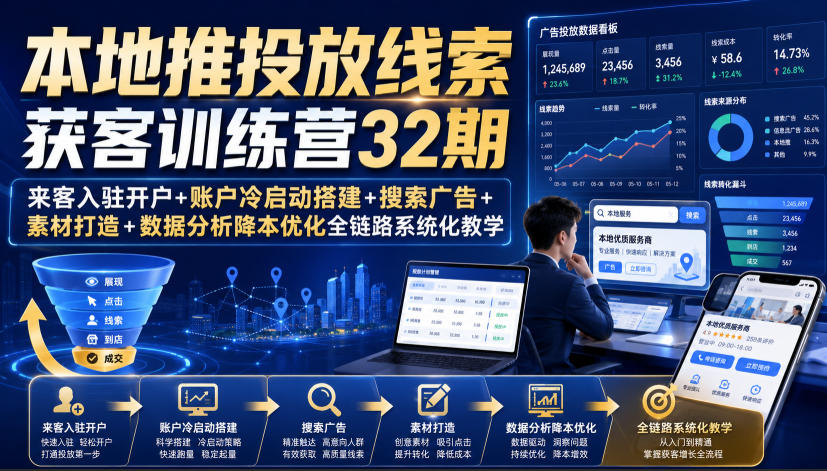 本地推投放线索获客训练营32期｜来客入驻开户+账户冷启动搭建+搜索广告+素材打造+数据分析降本优化全链路系统化教学（8月全新课程）