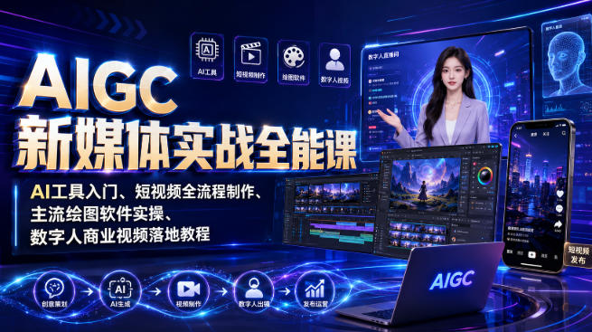 AIGC新媒体实战全能课｜AI工具入门、短视频全流程制作、主流绘图软件实操、数字人商业视频落地教程