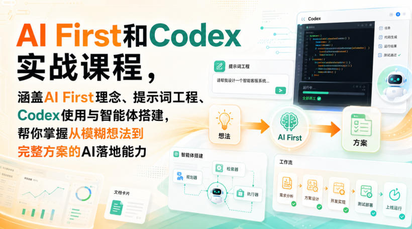 AI First和Codex实战课，涵盖AI First理念、提示词工程、Codex使用与智能体搭建，掌握从模糊想法到完整方案的AI落地能力