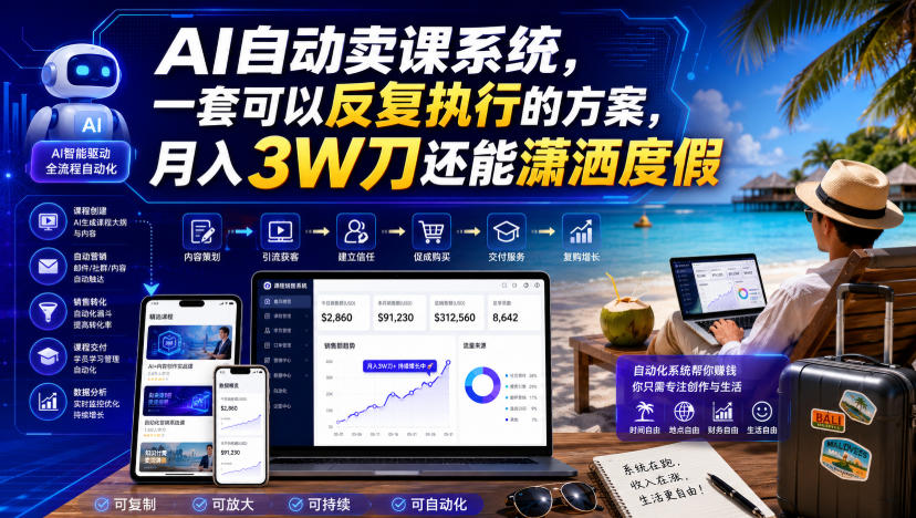 AI自动卖课系统，一套可以反复执行的方案，月入3W刀还能潇洒度假【原创双语字幕】