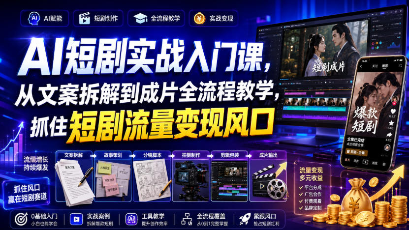 AI短剧实战入门课，从文案拆解到成片全流程教学，抓住短剧流量变现风口