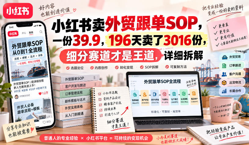 小红书卖外贸跟单sop，一份39.9，196天卖了3016份，细分赛道才是王道，详细拆解