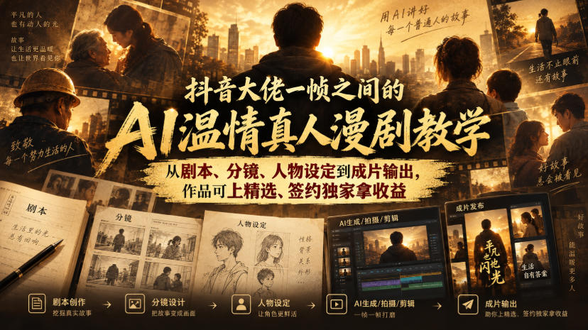 抖音大佬一帧之间的AI温情真人漫剧教学，从剧本、分镜、人物设定到成片输出，作品可上精选、签约独家拿收益