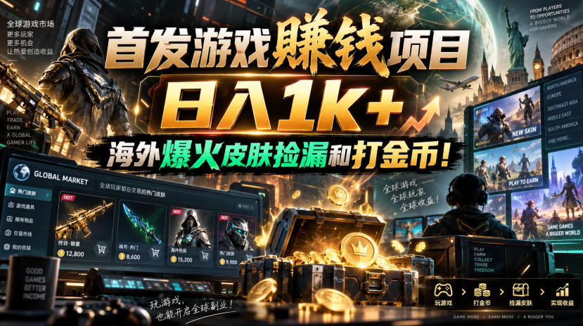 首发游戏賺钱项目，日入1k+，海外爆火皮肤捡漏和打金币！【揭秘】