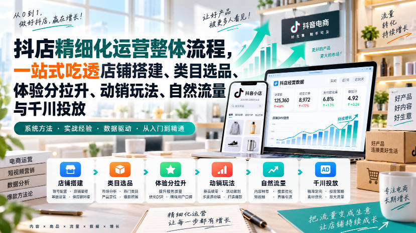 李哥电商-抖店精细化运营整体流程，一站式吃透店铺搭建、类目选品、体验分拉升、动销玩法、自然流量与千川投放