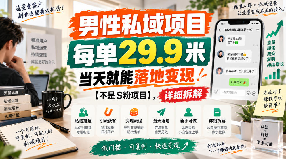 男性私域项目，每单29.9米，当天就能落地变现【不是S粉项目】，详细拆解