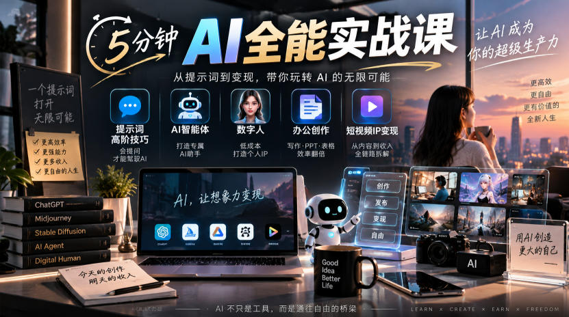 5分钟AI全能实战课｜提示词高阶技巧+AI智能体+数字人+办公创作+短视频IP变现全教程