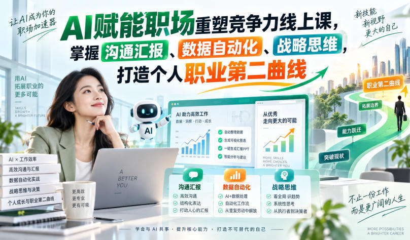 AI赋能职场重塑竞争力线上课，掌握沟通汇报、数据自动化、战略思维，打造个人职业第二曲线