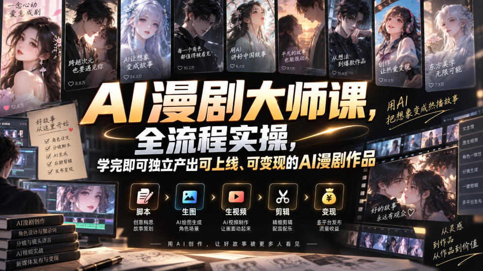AI漫剧大师课，全流程实操，学完即可独立产出可上线、可变现的AI漫剧作品