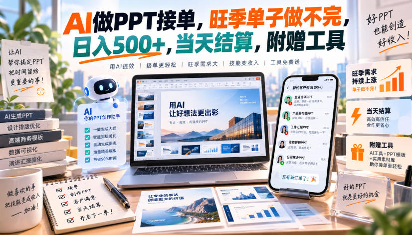 AI做PPT接单，旺季单子做不完，日入500+，当天结算，附赠工具【揭秘】