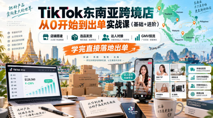 TikTok东南亚跨境店从0开始到出单实战课（基础+进阶），店铺搭建、选品发货、达人对接、GMV投流，学完直接落地出单