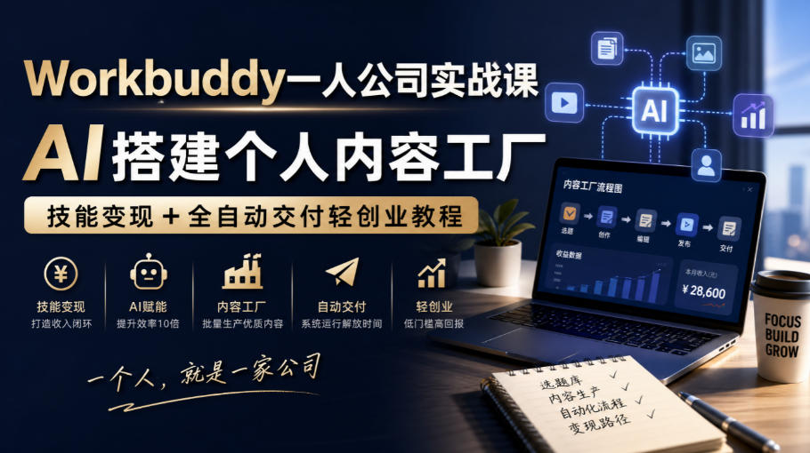Workbuddy一人公司实战课，AI搭建个人内容工厂，技能变现+全自动交付轻创业教程​