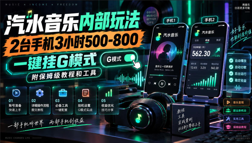 汽水音乐内部玩法，2台手机3小时500-800，一键挂G模式，附保姆级教程和工具【揭秘】