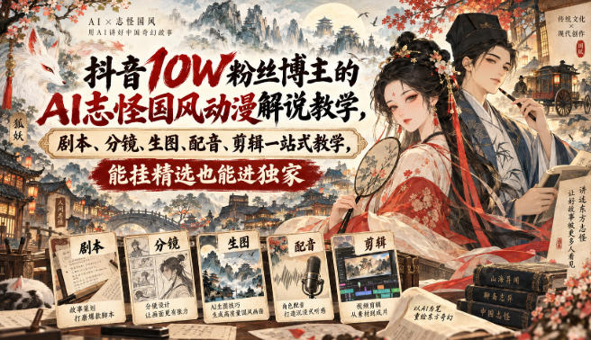 抖音10W粉丝博主的AI志怪国风动漫解说教学，剧本、分镜、生图、配音、剪辑一站式教学，能挂精选也能进独家​