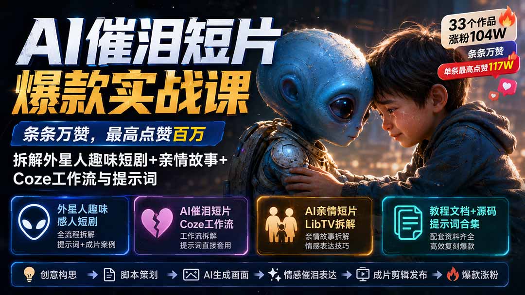 （20038期）AI催泪短片爆款实战课：条条万赞，最高点赞百万，拆解外星人趣味短剧+亲情故事+Coze工作流与提示词