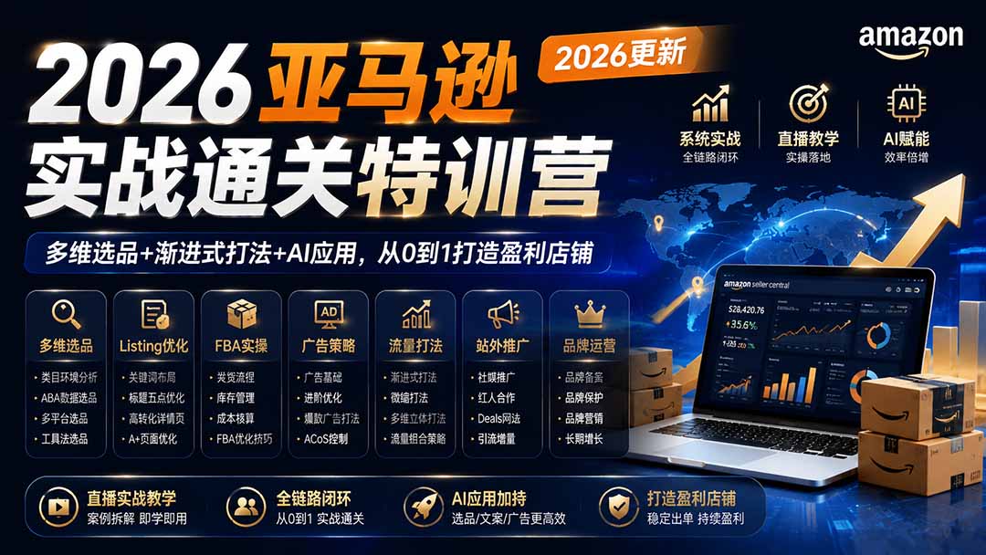 （19768期）2026亚马逊实战通关特训营-2026更新，多维选品+渐进式打法+AI应用，从0到1打造盈利店铺