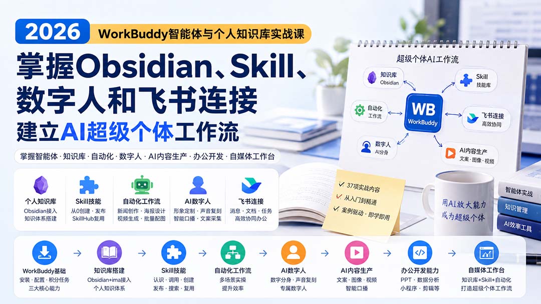（20169期）2026 WorkBuddy智能体与个人知识库实战课：掌握Obsidian、Skill、数字人和飞书连接，建立AI超级个体工作流