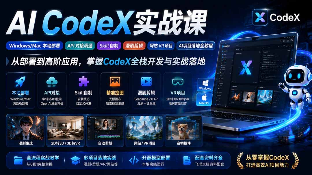 （19769期）AI  CodeX实战课｜Windows/Mac 本地部署｜API 对接调通｜Skill 自制｜漫剧剪辑｜网站 VR 项目｜AI项目落地全教程