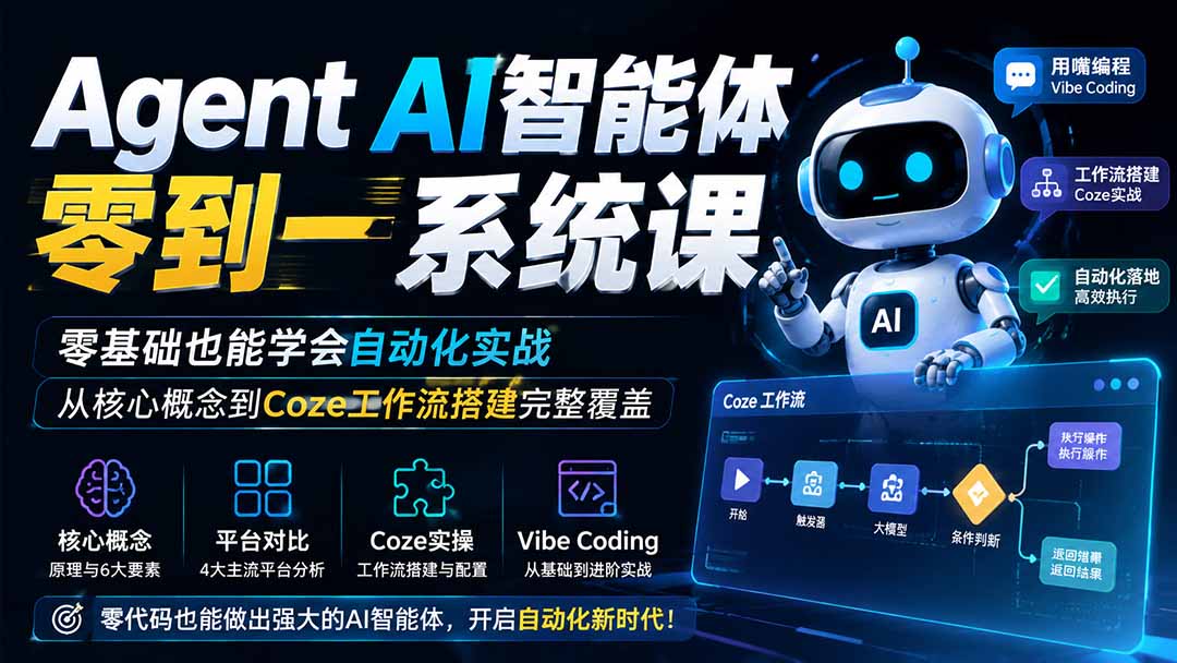 （19753期）Agent AI智能体零到一系统课；零基础也能学会自动化实战，从核心概念到Coze工作流搭建完整覆盖