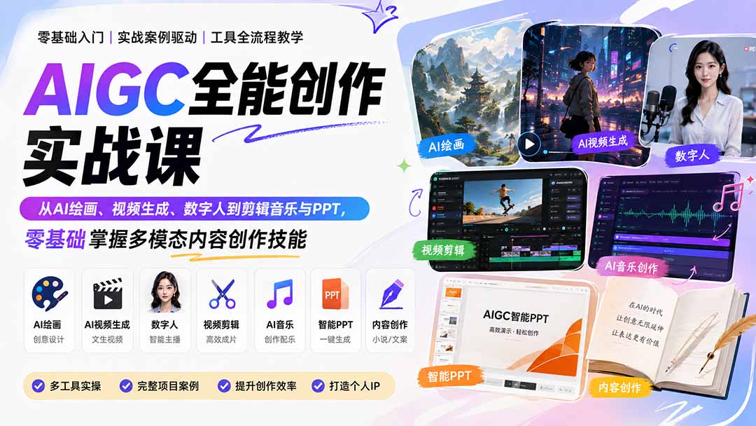 （20065期）AIGC全能创作实战课：从AI绘画、视频生成、数字人到剪辑音乐与PPT，零基础掌握多模态内容创作技能