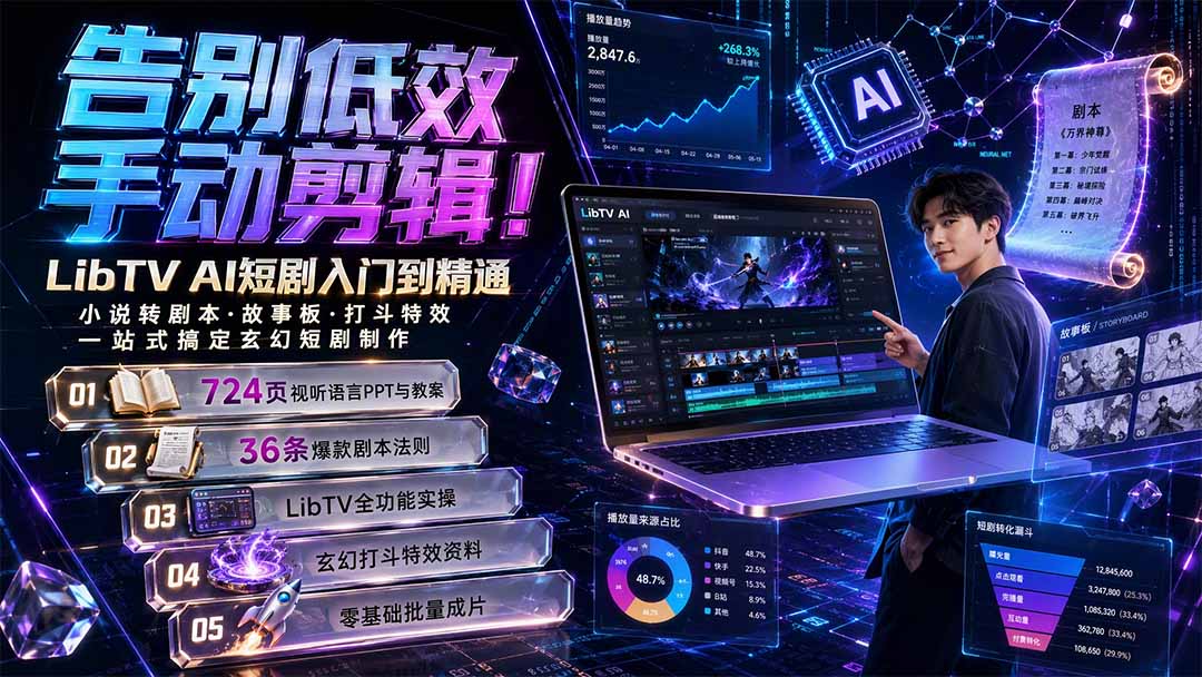 （19678期）告别低效手动剪辑！LibTV AI短剧入门到精通，小说转剧本方法，故事板打斗特效一站式搞定玄幻短剧制作