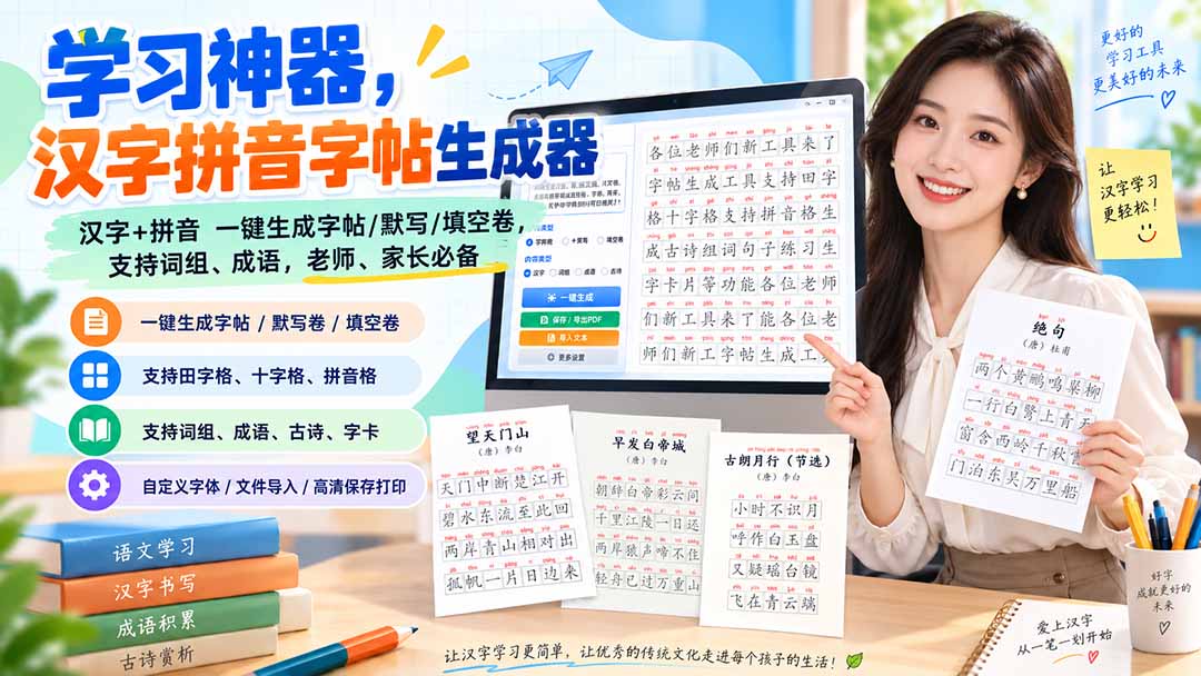 (20299期)学习神器,汉字拼音字帖生成器,汉字+拼音 一键生成字帖/默写/填空卷,支持词组、成语,老师、家长必备