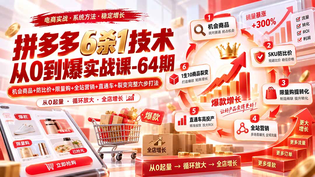 （20315期）拼多多6杀1技术从0到爆实战课-64期：机会商品+防比价+限量购+全站营销+直通车+裂变完整六步打法
