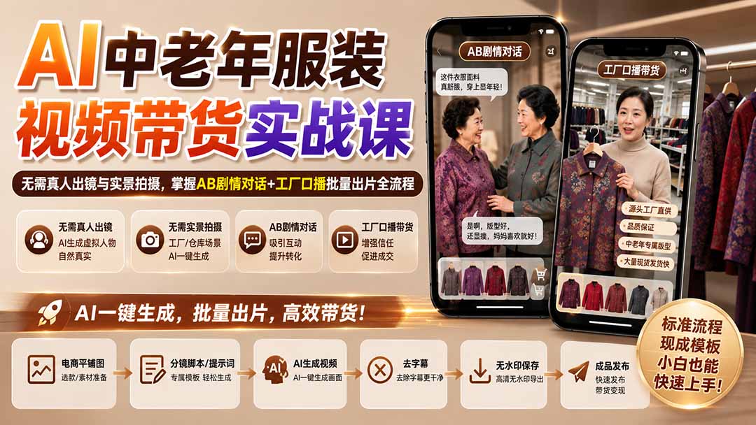 (20198期)AI中老年服装视频带货实战课:无需真人出镜与实景拍摄,掌握AB剧情对话+工厂口播批量出片全流程