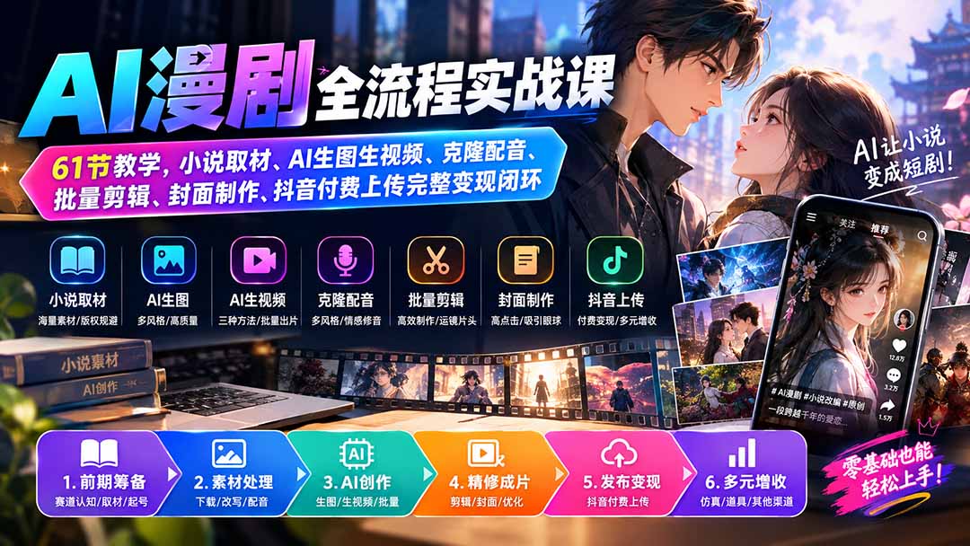 (20199期)AI漫剧全流程实战课|61节教学,小说取材、AI生图生视频、克隆配音、批量剪辑、封面制作、抖音付费上传完整变现闭环