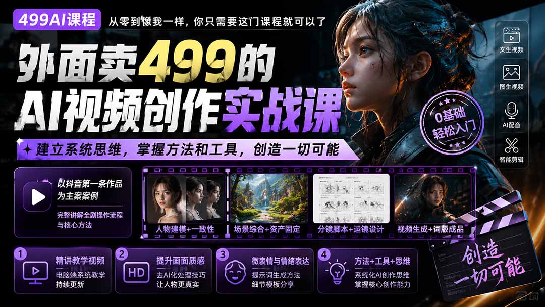 （20307期）外面卖499的AI视频创作实战课：建立系统思维，掌握方法和工具，创造一切可能。