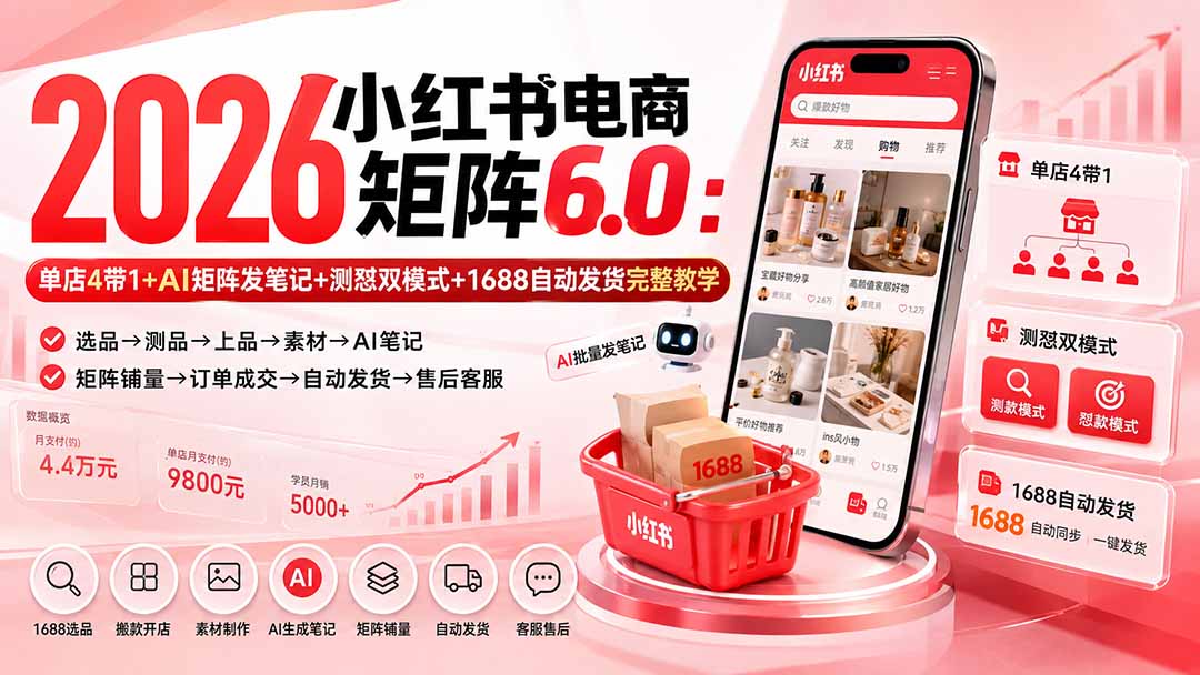 （20310期）2026小红书电商矩阵6.0：单店4带1+AI矩阵发笔记+测怼双模式+1688自动发货完整教学