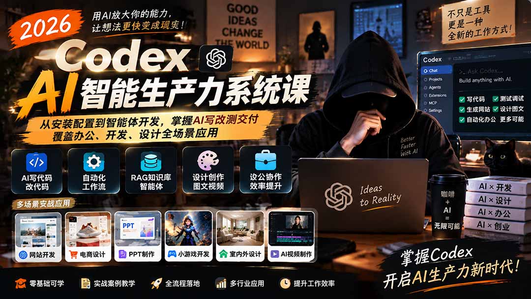 （20535期）2026 Codex AI智能生产力系统课-更新｜从安装配置到智能体开发，掌握AI写改测交付，覆盖办公、开发、设计全场景应用