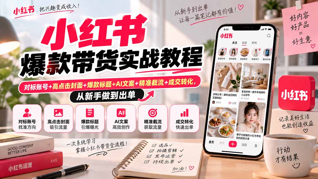 （20473期）小红书爆款带货实战教程｜对标账号+高点击封面+爆款标题+AI文案+精准截流+成交转化，从新手做到出单