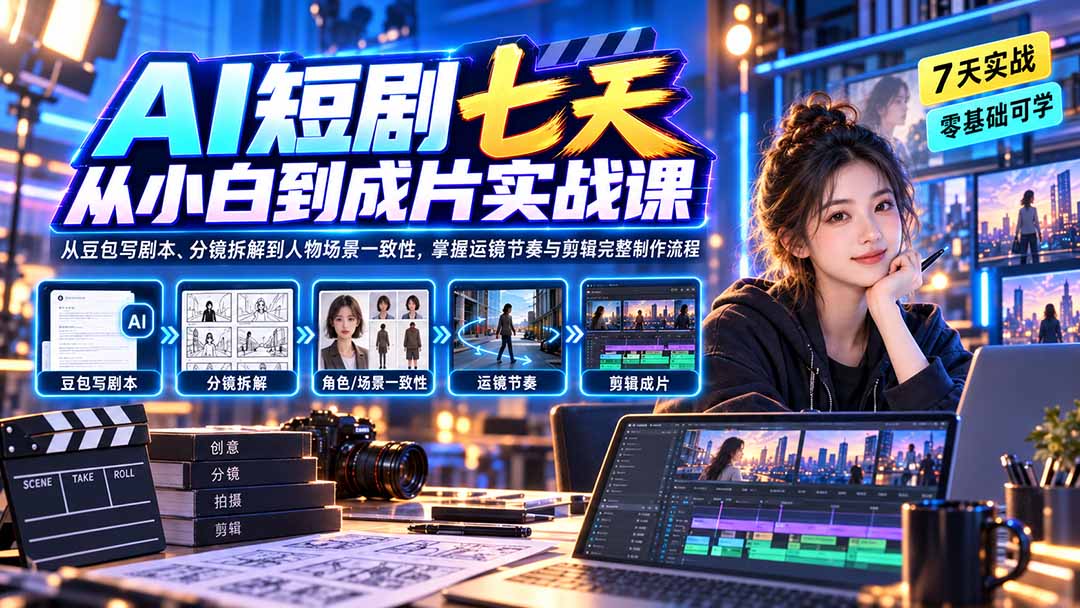 （20329期）AI短剧七天从小白到成片实战课：从豆包写剧本、分镜拆解到人物场景一致性，掌握运镜节奏与剪辑完整制作流程
