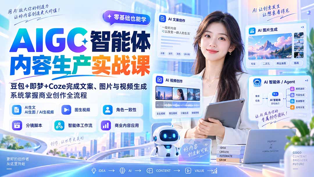 （20372期）AIGC智能体内容生产实战课：豆包+即梦+Coze完成文案、图片与视频生成，系统掌握商业创作全流程