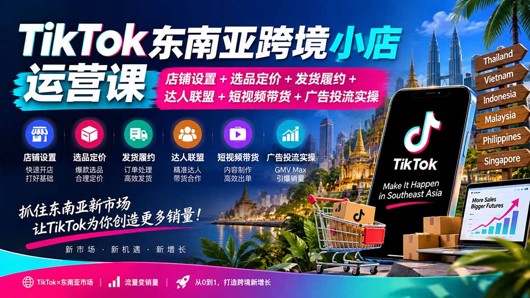 （20483期）TikTok东南亚跨境小店运营课：店铺设置+选品定价+发货履约+达人联盟+短视频带货+广告投流实操